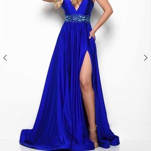 Never Worn Jasz Couture Red Beaded & Rhinestone Belt Prom Dress with Front Slit